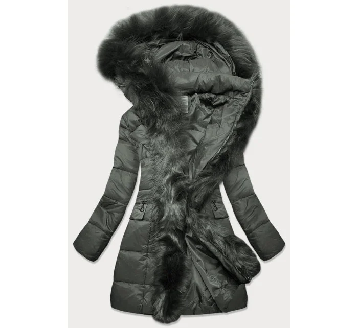 Dámska prešívaná zimná bunda s kapucňou khaki (aura)