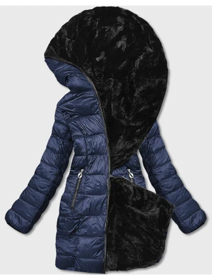 Tmavomodrá obojstranná dámska bunda - kožuch (b8053-3) Tmavomodrá obojstranná dámska bunda - kožuch (b8053-3)