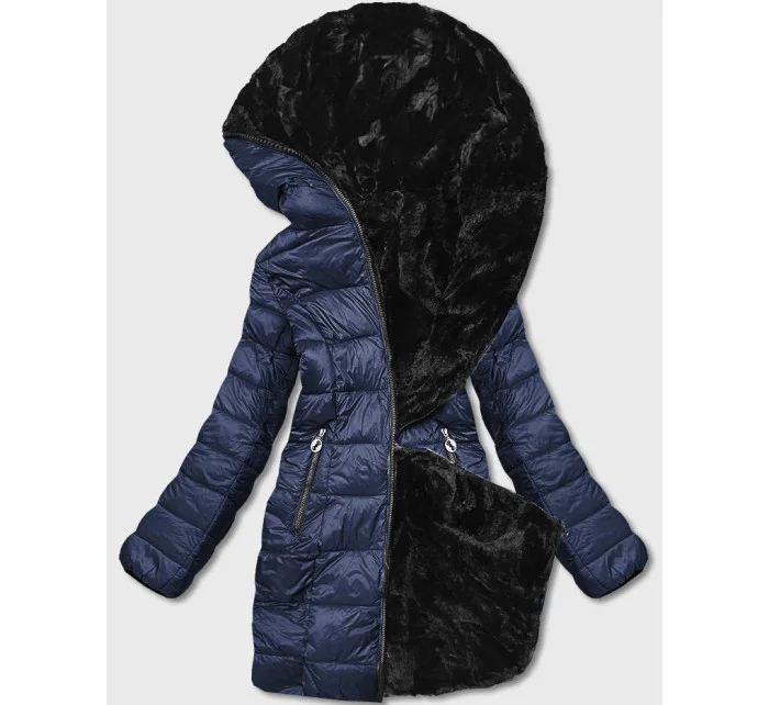 Tmavomodrá obojstranná dámska bunda - kožuch (b8053-3) Tmavomodrá obojstranná dámska bunda - kožuch (b8053-3)