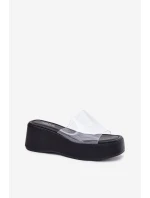 Klapki Damskie Z Transparentnym Paskiem Na Koturnie Czarne Meltiana