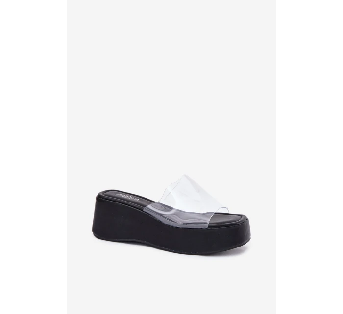 Klapki Damskie Z Transparentnym Paskiem Na Koturnie Czarne Meltiana