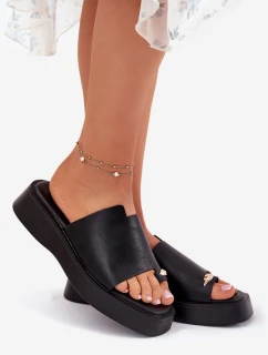 Klapki Damskie Na Platformie Z Ozdobnym Detalem Czarne Linosea