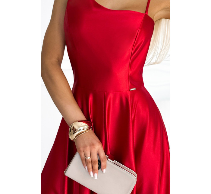 Elegantné dlhé červené dámske saténové šaty na jedno rameno 524-1