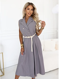 model 22214885 Elegantní midi košilka se zlatými knoflíky a páskem šedá - numoco basic