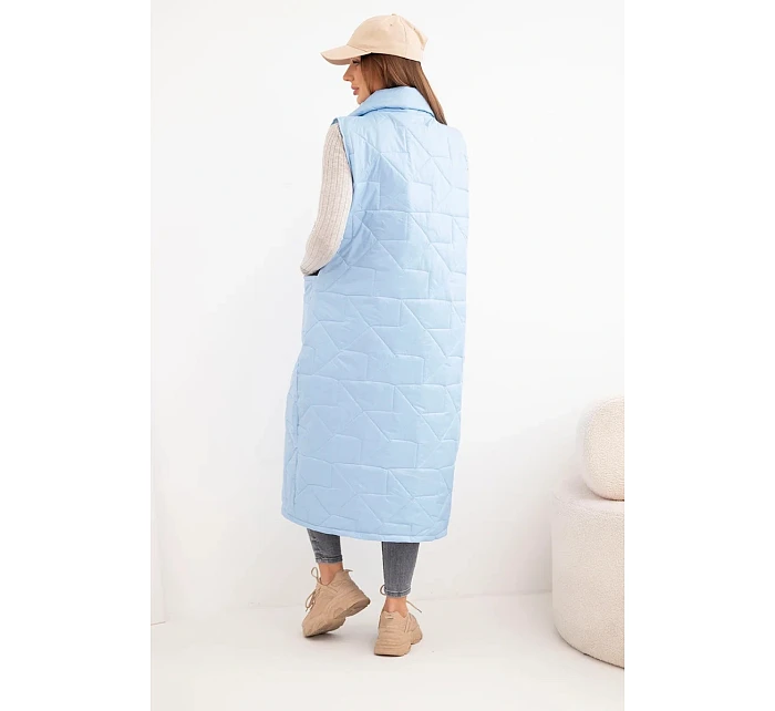 Dámska prešívaná dlhá vesta s vreckami a stojačikom modrá