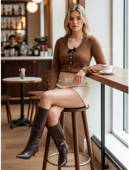 Dámsky krátky sveter s mašľou LAMURE hnedý FashionStreet MY2472