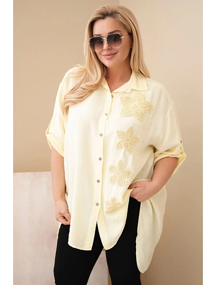Dámske tričko Plus Size z viskózy s kvetinovou výšivkou žlté