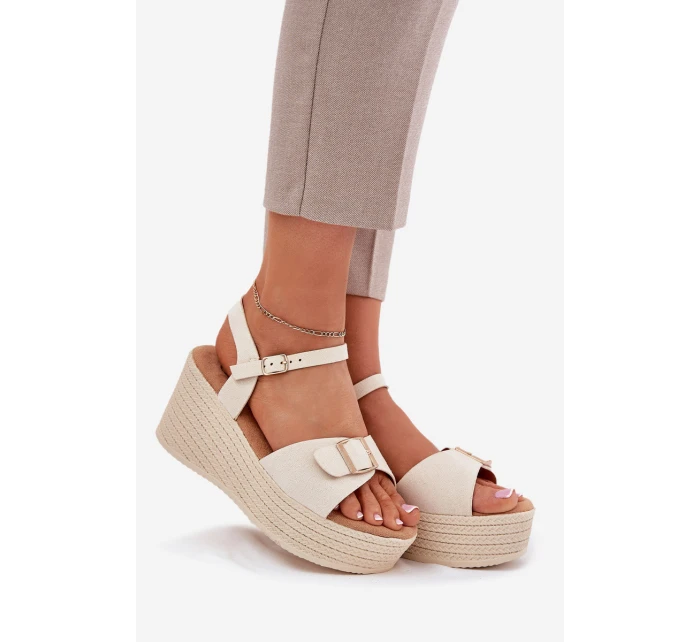 Sandały Damskie Na Koturnie Z Klamrą Beżowe Liniella Sandały Damskie Na Koturnie Z Klamrą Beżowe Liniella