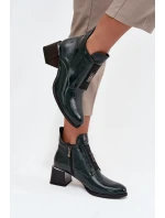 Skórzane Lakierowane Botki Na Klocku Z Ozdobnym Detalem Ocieplane Zazoo 60560 Ciemnozielone