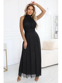 636-3 VERONICA luxusné dlhé šaty s brokátovým akcentom a elegantným strihom - čierne