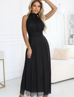636-3 VERONICA luxusné dlhé šaty s brokátovým akcentom a elegantným strihom - čierne