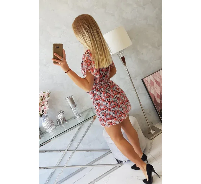 Květinové šaty s vázáním v pase černé