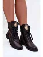 Skórzane Botki Damskie Na Płaskim Obcasie Ze Złotym Detalem Zazoo 3084 Czarne Skórzane Botki Damskie Na Płaskim Obcasie Ze Złotym Detalem Zazoo 3084 Czarne