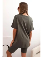 Dámský bavlněný komplet s krátkým rukávem a šortkami khaki