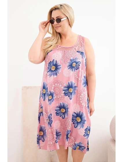 Plus veľkosť dámske viskózové šaty s kvetinovým vzorom a čipkovým výstrihom tmavoružové Plus veľkosť dámske viskózové šaty s kvetinovým vzorom a čipkovým výstrihom tmavoružové