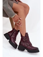 Skórzane Ocieplane Botki Damskie Z Klamrami I Ozdobnym Detalem Zazoo 60482 Bordowe