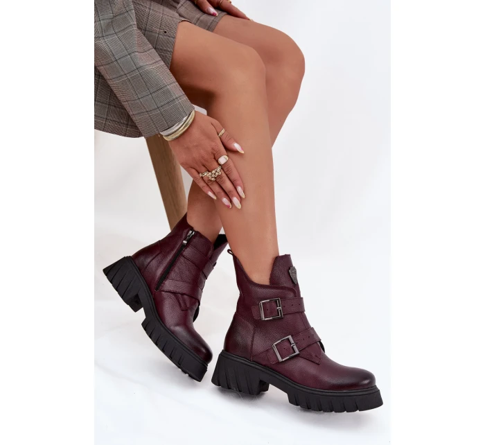 Skórzane Ocieplane Botki Damskie Z Klamrami I Ozdobnym Detalem Zazoo 60482 Bordowe