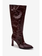 Skórzane Lakierowane Kozaki Damskie  Ocieplane D&A CR52-716 Bordowe
