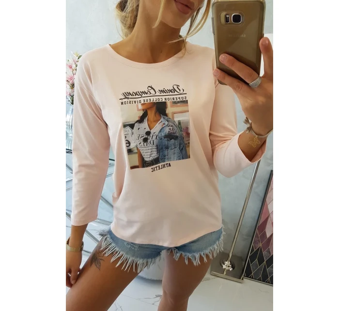 Blúzka s potlačou koláží, púdrovo ružová