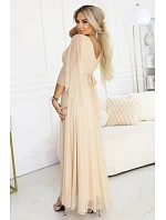 Dlhé ľahké trblietavé šaty 655-4 béžová - Numoco