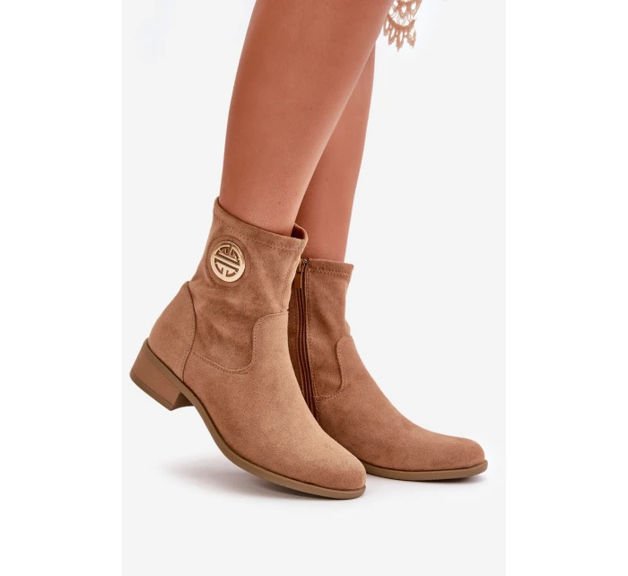 Botki Damskie Zapinane Na Zamek Z Ozdobnym Detalem Eko Zamszowe Beżowe Lerioria