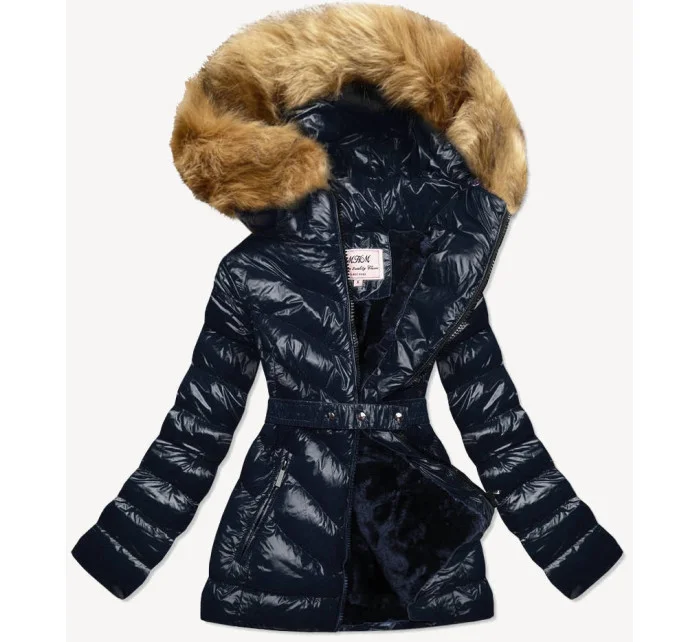 Tmavomodrá lesklá zimná bunda s machovou kožušinovou podšívkou (w673)