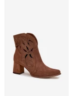 Zamszowe Ażurowe Botki Damskie Na Słupku Zazoo 3647 Brązowe