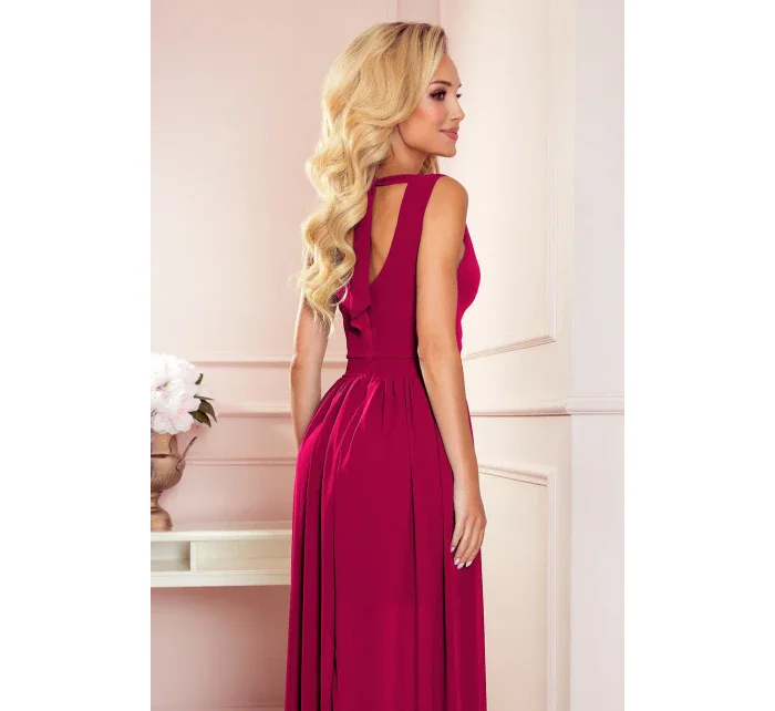 JUSTINE - Dlhé dámske šaty v bordovej farbe s výstrihom a zaväzovaním 362-5 JUSTINE - Dlhé dámske šaty v bordovej farbe s výstrihom a zaväzovaním 362-5