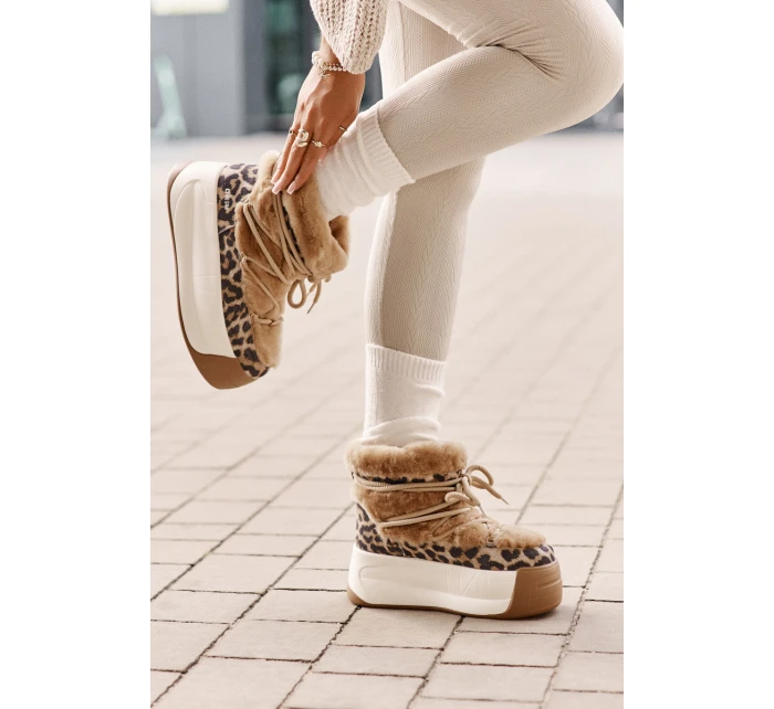 Skórzane Śniegowce Damskie Na Grubej Podeszwie Z Futerkiem Panterka Big Star OO274A208 Brązowe Skórzane Śniegowce Damskie Na Grubej Podeszwie Z Futerkiem Panterka Big Star OO274A208 Brązowe