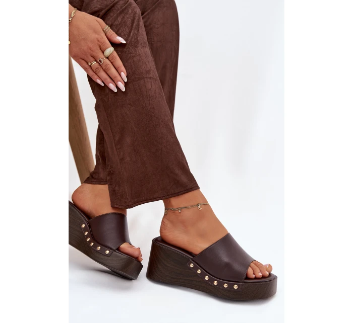 Dámské pantofle na platformě se zlatými sponami hnědé Arionne