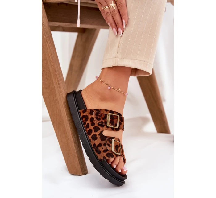 Klapki Damskie W Panterkę Na Platformie Z Klamrami Brązowe Simbes
