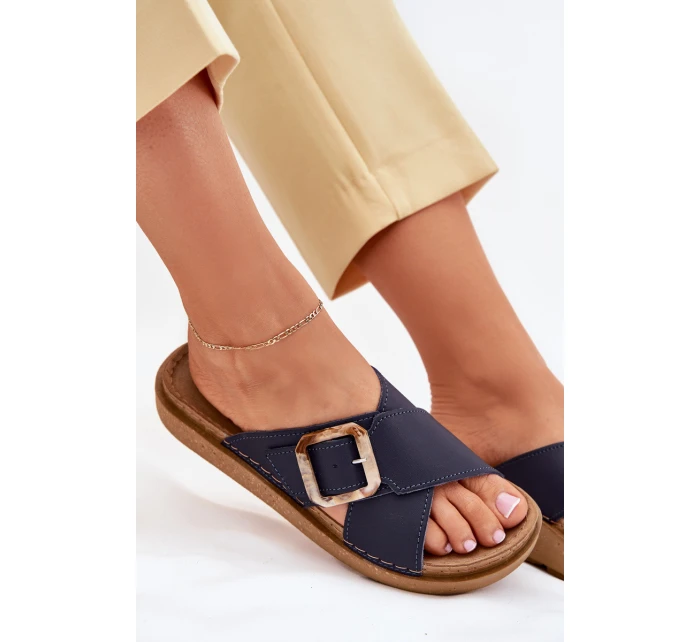 Dámské Kožené Klapky S Přezkou Tmavě Modré model 21702514 - Inblu