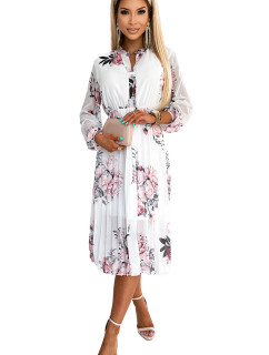 Plisované midi šaty s gombíkmi a dlhými rukávmi Numoco CARLA - biele s kvetmi