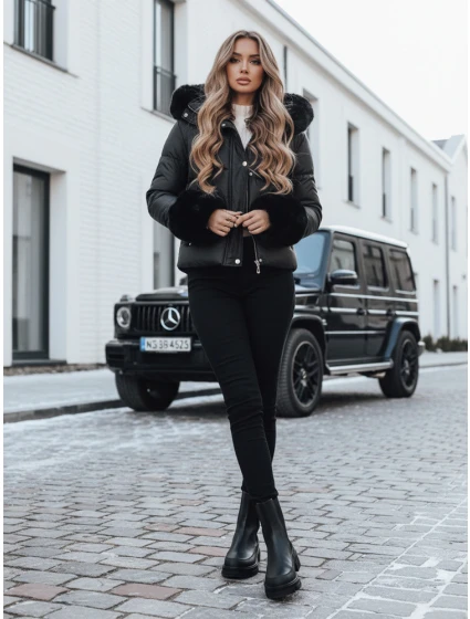 Dámská zimní bunda krátká prošívaná s kožešinou černá Dstreet model 21990856 - FashionStreet