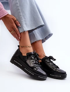 Sznurowane Półbuty Damskie Na Platformie Skóra Naturalna S.Barski LR620 Czarne