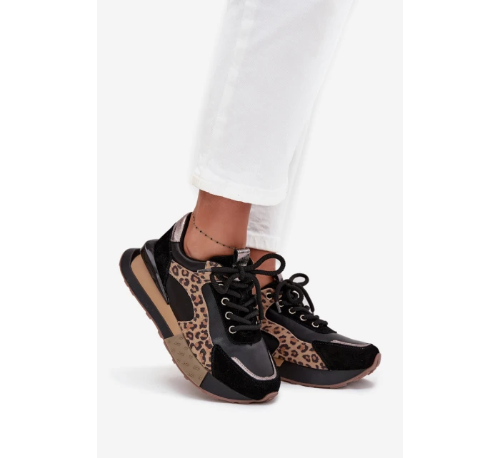 Dámske kožené tenisky na platforme s leopardím vzorom Artiker - čierne Dámske kožené tenisky na platforme s leopardím vzorom Artiker - čierne