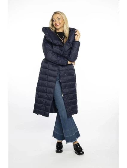 Prešívaný kabát s vysokým golierom a kapucňou tmavomodrý (AG1-J9062C)