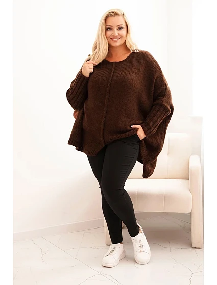 Dámský svetr Plus Size z model 21297042 s volným střihem a rukávem 3/4 hnědý - K-Fashion Dámský svetr Plus Size z model 21297042 s volným střihem a rukávem 3/4 hnědý - K-Fashion