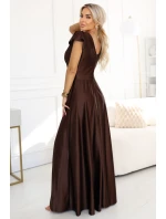 411-15 CRYSTAL saténové dlhé šaty s výstrihom - čokoládové