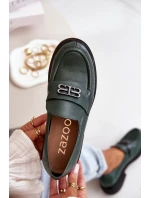 Zazoo 20174 Skórzane Eleganckie Półbuty Damskie Na Płaskim Obcasie Ciemnozielone