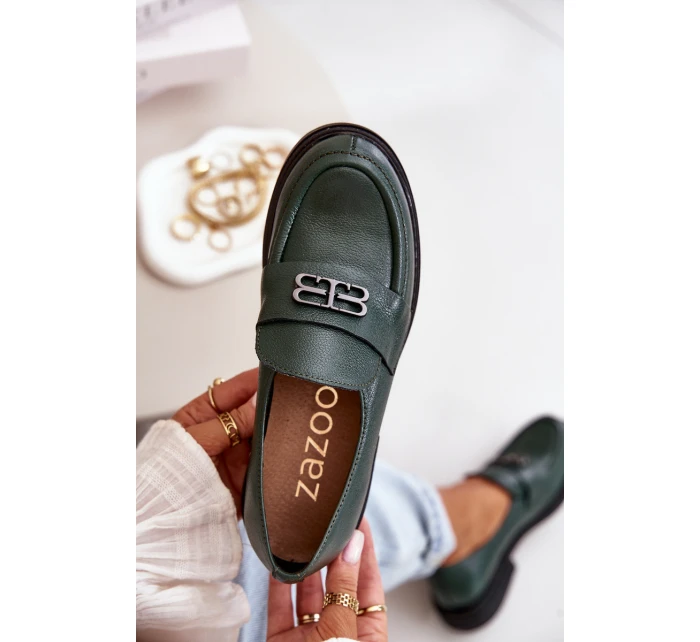 Zazoo 20174 Skórzane Eleganckie Półbuty Damskie Na Płaskim Obcasie Ciemnozielone