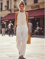 Dámske letné široké biele plátenné nohavice FashionStreet UY3080 Dámske letné široké biele plátenné nohavice FashionStreet UY3080