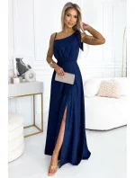 528-1 Dlhé trblietavé šaty na jedno rameno s mašľou - ZELENÉ