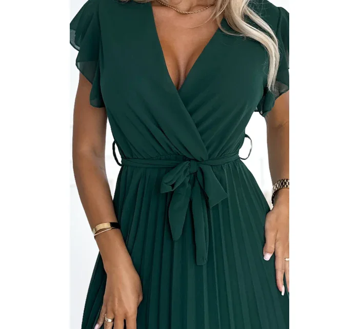 Dámské šifonové plisované šaty v lahvově zelené barvě s výstřihem a volánky model 20524032 - numoco basic