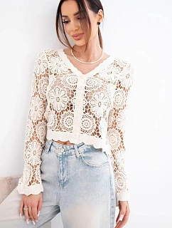 Dámsky letný čipkovaný sveter s gombíkmi a dlhými rukávmi čierny