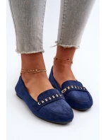 Błyszczące Mokasyny Damskie Z Łańcuchem Granatowe Aredilla