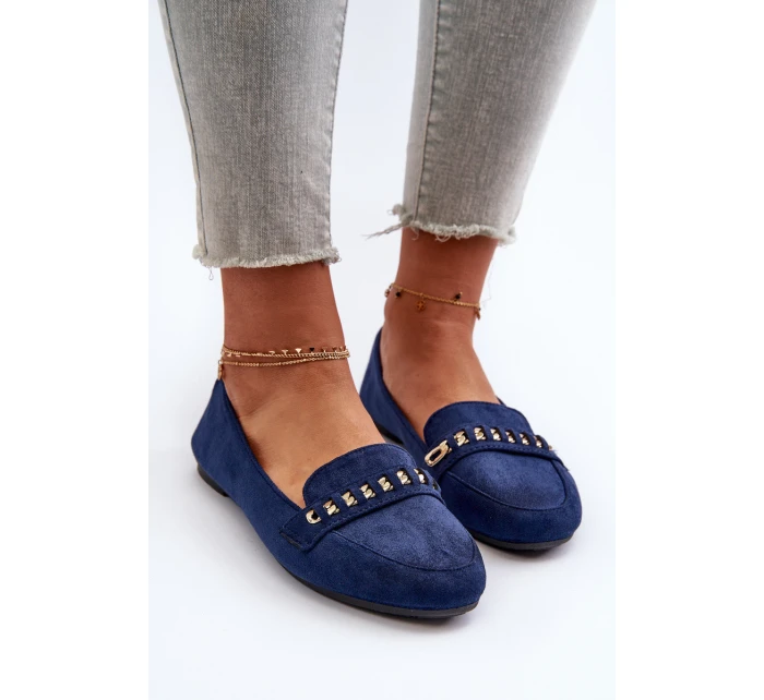 Błyszczące Mokasyny Damskie Z Łańcuchem Granatowe Aredilla
