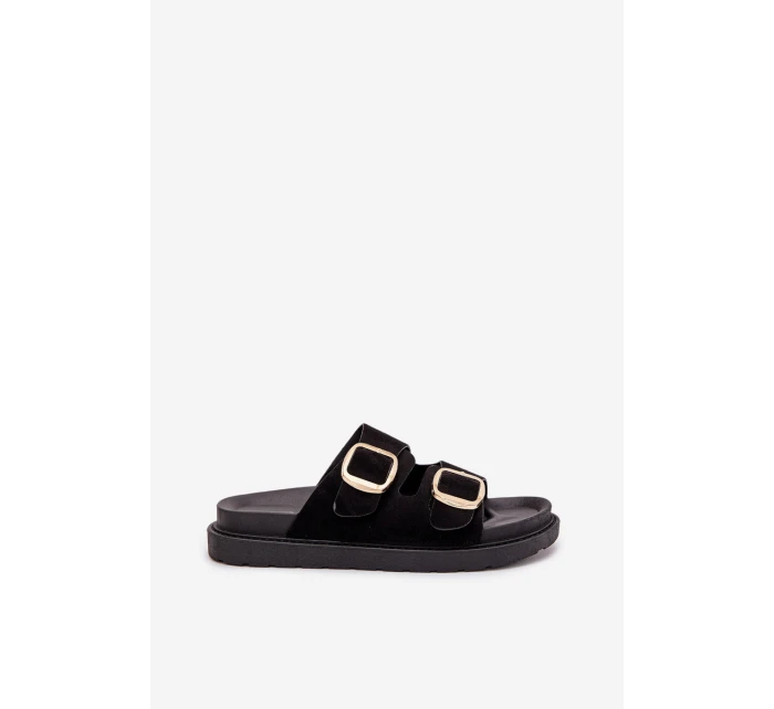 Dámske papuče na platforme so zlatými prackami - čierne