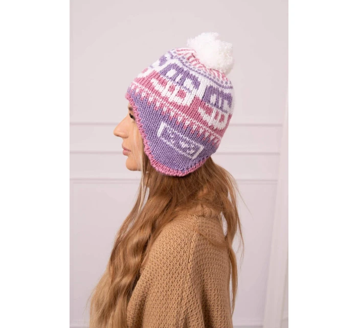 Rosa dámska čiapka s bambulou K368 fialová+biela+tmavoružová