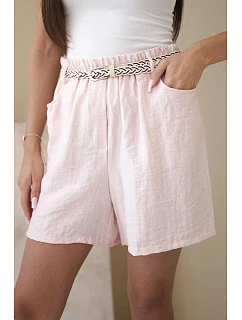 Dámské kraťasy s příměsí model 22205797 a pleteným páskem pudrově růžová - K-Fashion